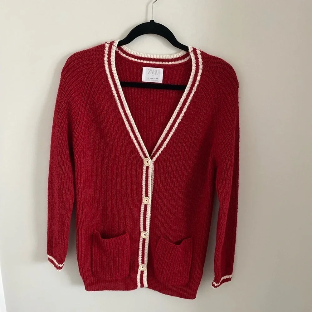 Zara Kids Blazer Cardigan Red w/ White Stripes V-neck Buttons Size 13-14/164 - Picture 1 of 5
